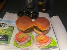 After a great sleep of nearly 8 hours, I ordered the wagyu sliders were the big winners as far as food was concerned on this flight. They were warmed to order with all of the appropriate fixings, and very tasty...