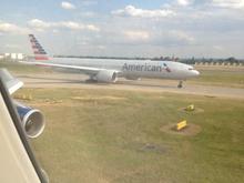 View of an American Airlines 777 as we taxied for takeoff at LHR (aboard the upper deck of a 747 CW to SFO)
July 2014