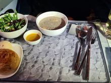 Soup, salad and bread: smoked mushroom soup was okish, maybe a little watery. Salad was good & fresh  & a sticky hunk of bread