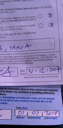 Departure card from Jan.1.2018, arrival card for American Samoa for Dec.31.2017