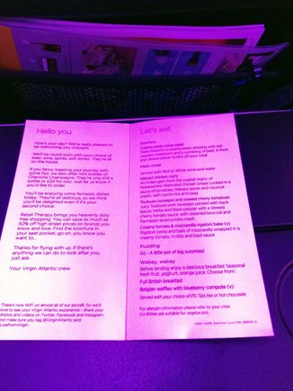 Economy class menu for VS461 LHR-JNB