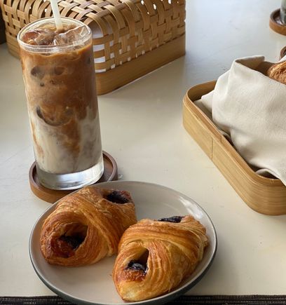 Banana chocolate Danish ; Iced soy mochachino