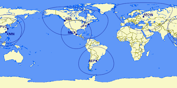 2000 mile radius from selected Skyteam hubs.