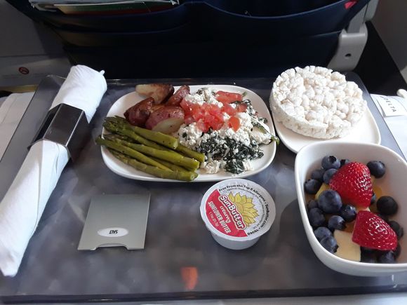 Since I haven't seen it posted yet, this is a vegetarian (VGML) breakfast in domestic first (LGA-ATL). It was a cold plate with asparagus, spinach, tofu, and tomato with a fruit side and....a rice cake. It was fine. Easy to avoid a breakfast with meat, but this is a nice option to avoid eggs and dairy too.