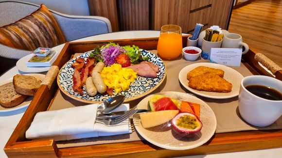 In-room breakfast, western style. Quality ingredients, well-presented.