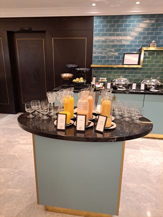 Fruit Juices & prosecco for breakfast. Hot food selection ( reasonable) on back counter