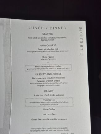 Incorrect menus handed out - choices were in fact Cottage Pie, Rigatoni or Salmon Salad