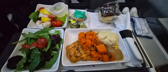 Dinner - Chicken, carrots, and potato mash with a salad and shrimp appetizer. Gluten free cookie and gluten free roll.