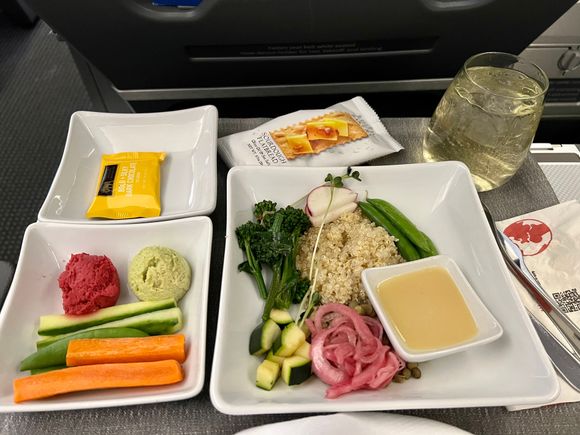 Veggies Grain Bowl.  (Preordered)  Quinoa, lentils, pickled onions, veggies, hummus, crackers.  Lemon vinaigrette.  Dark chocolate.   Tasty.   Other choices were Veggie Lasagna or Charcuterie plate. 