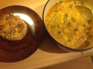 Pumpkin and corn chowder with pumpkin, spelt cornbread.