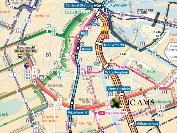 Tram network map with IC AMS location (cross)  - it is served by trams 1 4 7 19 24 at stop "halte Frederiksplein"  - a 5 minute walk over the bridge