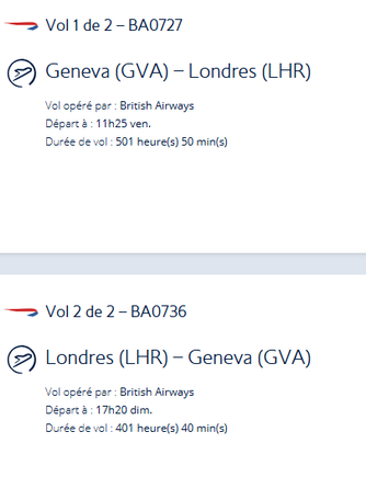Image from ba website showing flight times of over 400 hours (instead of a couple hours).  