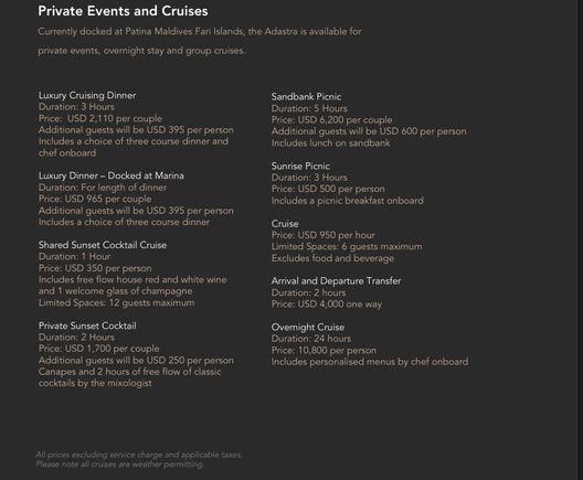 From the at your service team at the Ritz.  They’re inquiring with Patina about its availability and the possibility of using it for a whale shark encounter for us.  Some of these prices seem reasonable while others don’t make much sense.