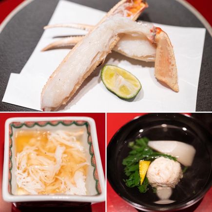 Male Snow Crab grilled over charcoal, Snow Crab Egg Custard, Snow Crab Dumpling