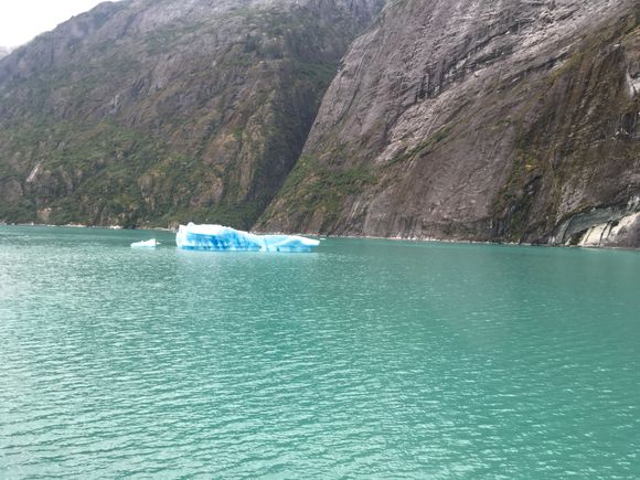 Tracy Arms Fjord. Milky water courtesy of melting glacier and icebergs that contain beaucoup ground up minerals.