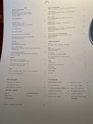 Breakfast menu at the Blue Duck Tavern