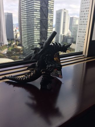 Godzilla looking out over Shinjuku from the Tokyo Hilton-Shinjuku