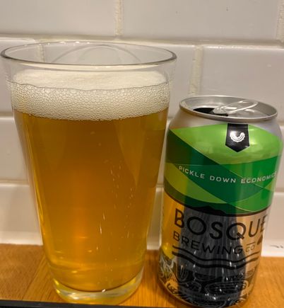 Bosque Pickledown Economics. Sour brewed with dill and pickle juice. Delicious in moderation. 