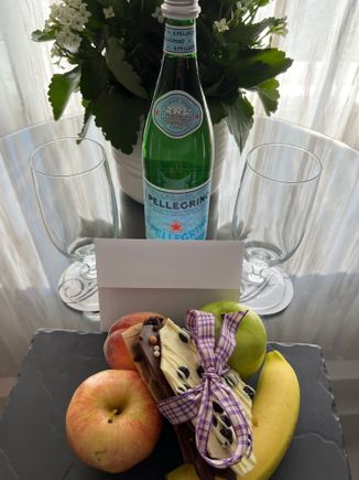 pellegrino, nice chocolate and fruit. 