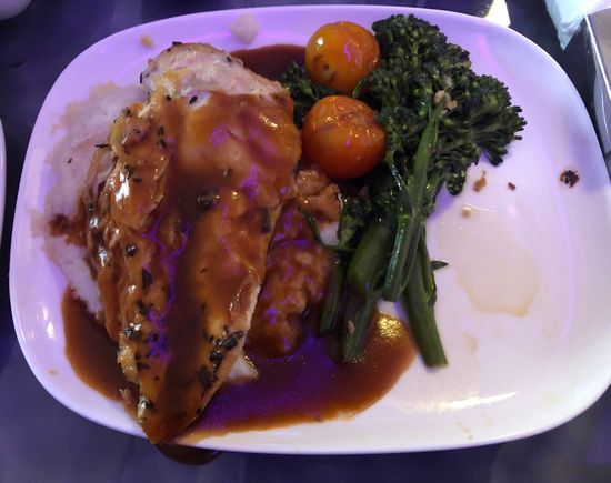 Rosemary chicken with cheesy “truffle” polenta (didn’t taste the truffle ... yay), garlic broccolini, blistered tomatoes, and red wine Demi glaze.  Very tasty!  I do not like the taste of mushrooms, including truffles, so I was glad I couldn’t/didn’t taste it in the polenta!