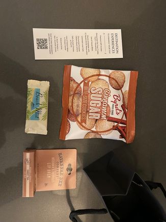 soap, lip balm, sweet snack