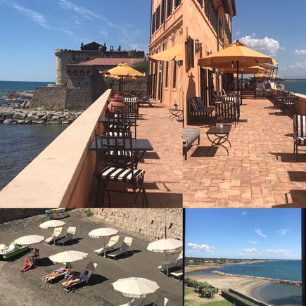Exterior on the seaside of the hotel.  Down the outside to the fort, then back to the dining area.  The little beach area just before the fort.  The seaside to the south of the hotel.