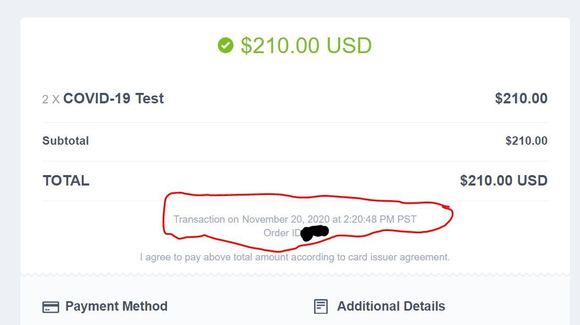 receipt has time information - time was 2-3 minutes after test, when payment was made.