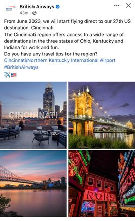 Confirmed by BA.

My heart wanted MSP, but I suppose Cincinnati probably subsidized the route nicely. 