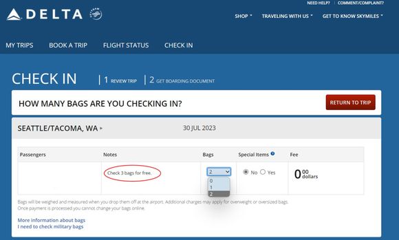 Check in on Delta website correctly indicates I can check up to 3 bags for free (I am a PM in Delta One), but the dropdown menu for number of checked bags does not go past 2.