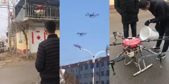 Agricultural spray drones take to the skies to disinfect.