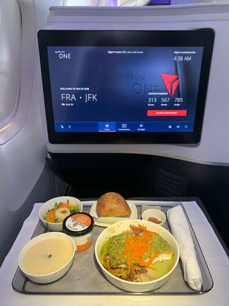 From FRA: pike-perch..this was outstanding…one of the best airline meals out there. It helps that pike-perch is one of the tastiest, most flavor-packed fish out there but the whole dish with zucchini hash browns and roasted potatoes all came together really well!