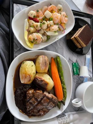 Iceland Air Seafood Salad with Beef Steak, Potatoes with Symphony Opera Cake (almost like a Tiramisu)