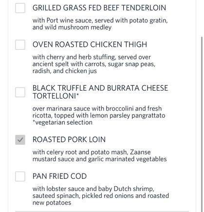 I have an upcoming flight AMS-SLC. These are my choices. I’m leaning the roasted pork loin but also considering the cod. I had the fish on the way out, SEA-CDG and it was pretty good, as was the service with an exceptional crew who refilled drinks frequently and kept on top of everything. 