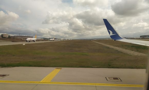 Taxiing at Sabiha Gökcen SAW airport, with Pegasus Airlines clearly visible behind us