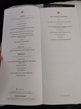 Menu AC92 YYZ-SCL Business class Dec 2022