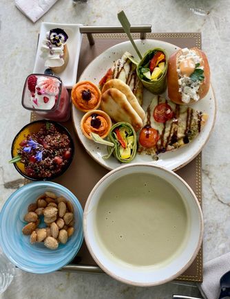 Lunch: Chicken Salad Sandwich, Cream of Leek Soup, flatbread with tomato/balsamic, quinoa, veggie wrap
