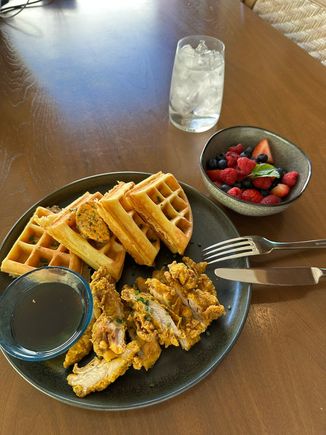 Chicken and waffles from the breakfast menu -- very good