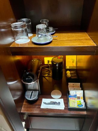 Nespresso machine and boiler, with complimentary coffee and tea