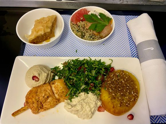 Club Europe band 3 afternoon grazing platter (chicken shish with mezze), smoked salmon and couscous, baklava