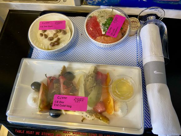 Band 1 cold dinner: smoked salmon with couscous; artichoke, strawberry and artichoke; white chocolate vanilla bean and honeycomb pan cotta
