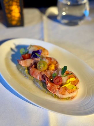 Lunch - Poached prawns with avocado purée rainbow cherry tomatoes and coriander oil. Despite the presentation the shrimp was icy and half frozen inside, so I sent it back. FA was very apologetic and flagged it to the purser who came immediately to apologize (she later returned offering the same dish again which she claims to be better than the first one, refused kindly and settled for the arabic mezze as a safe alternative).