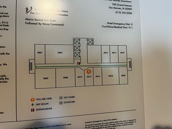 30th floor plan, showing several suites. I think this floor is unusual in having suites. Most floors of this 34-floor hotel only have identically sized rooms. The end rooms don't even have side windows, so they're just like other rooms. As an elite member, I've always been "upgraded" to a high floor, but not to a suite. 
