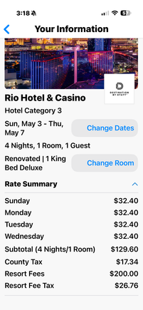 As an example the rate is $32.40 per night.  Globalist do not pay the $200 resort fee