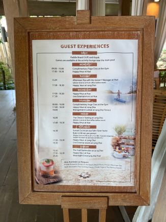 Weekly activity schedule. Note that most of these items like afternoon tea, cocktails, and dessert tasting are free.