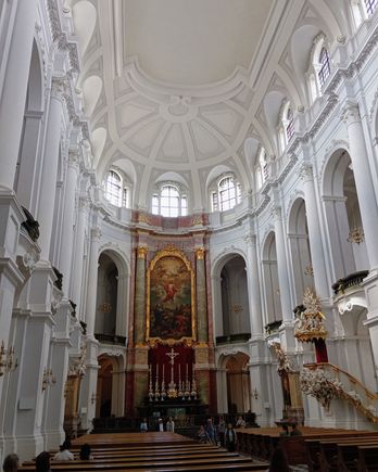 The interior of the Katholische Hofkirche is somewhat austere