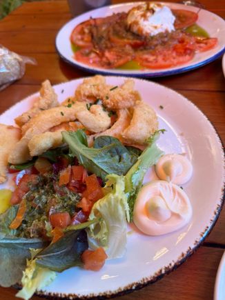 front - calamari
back- tomatoes with burrata, basil oil, and sun-dried tomato “pesto”