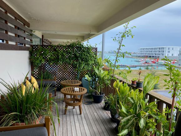 View of the seaplane aerodome from the Conrad lounge balcony
