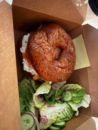 Bagel with lox and cream cheese.