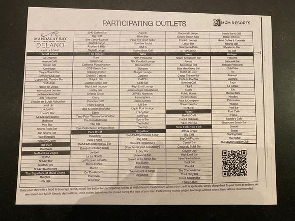 List of participating restaurants for food and beverage credit