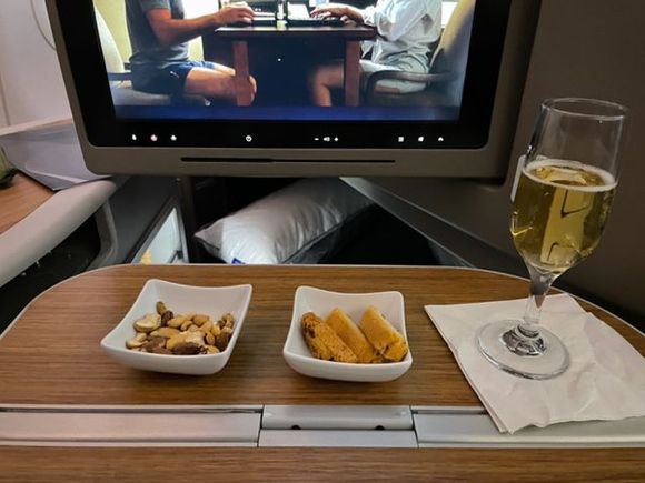 Cold nuts, lemon biscotti (excellent), champagne; "Up In The Air" as is tradition on an AA flight
